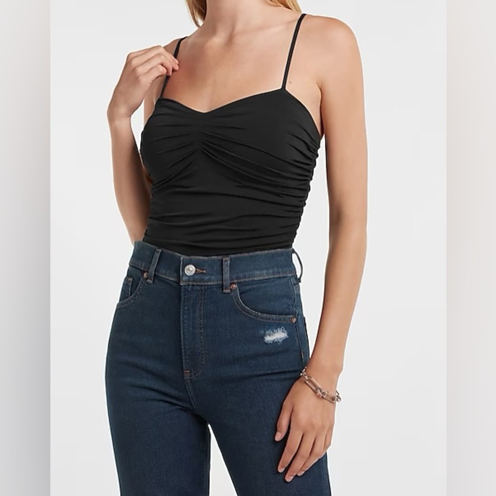 NEW-Express Body Contour Compression Ruched Bodysuit With Bra Cups- Green XL